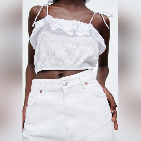 ZARA White Stretchy Ruffle Tube Crop Top NWOT Size M-L - Picture 4 of 9